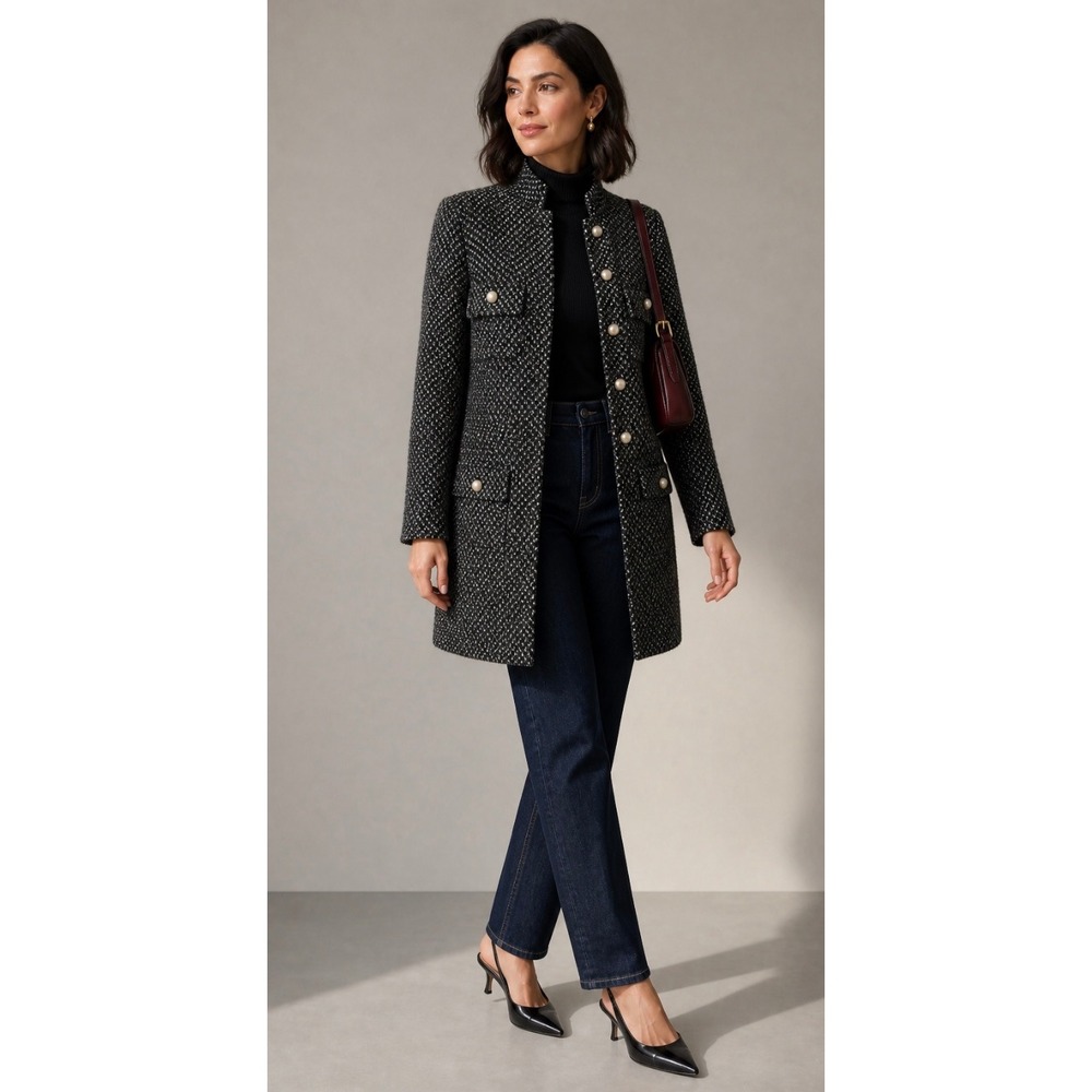 Edward Achour Paris Pearl Button Tweed Coat Black White Size 42